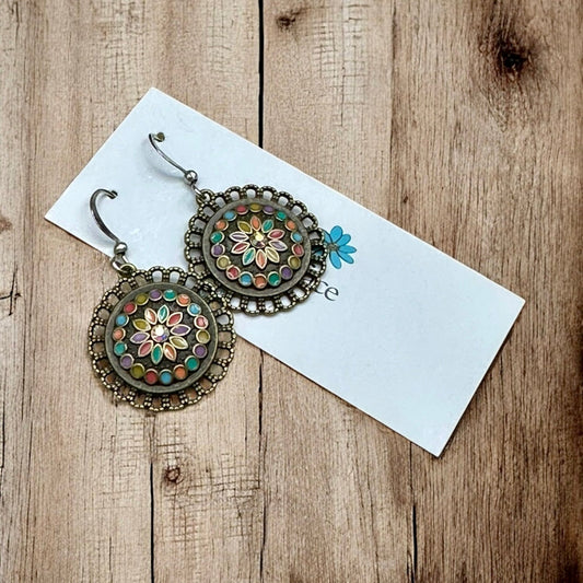 Boho Enamel Flower Earrings – Antique Bronze, Hypoallergenic & Lightweight