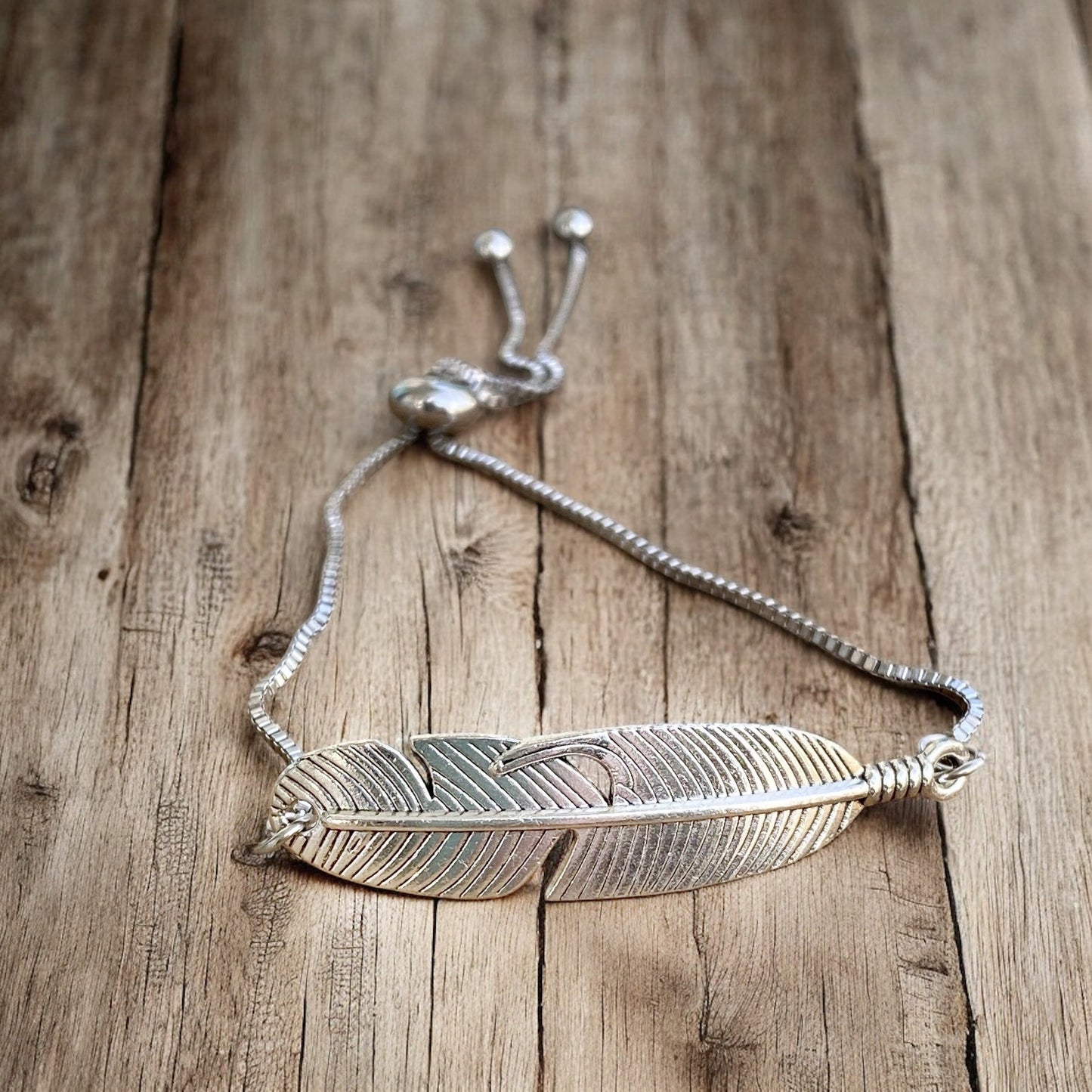 Adjustable Bracelet - Silver Feather