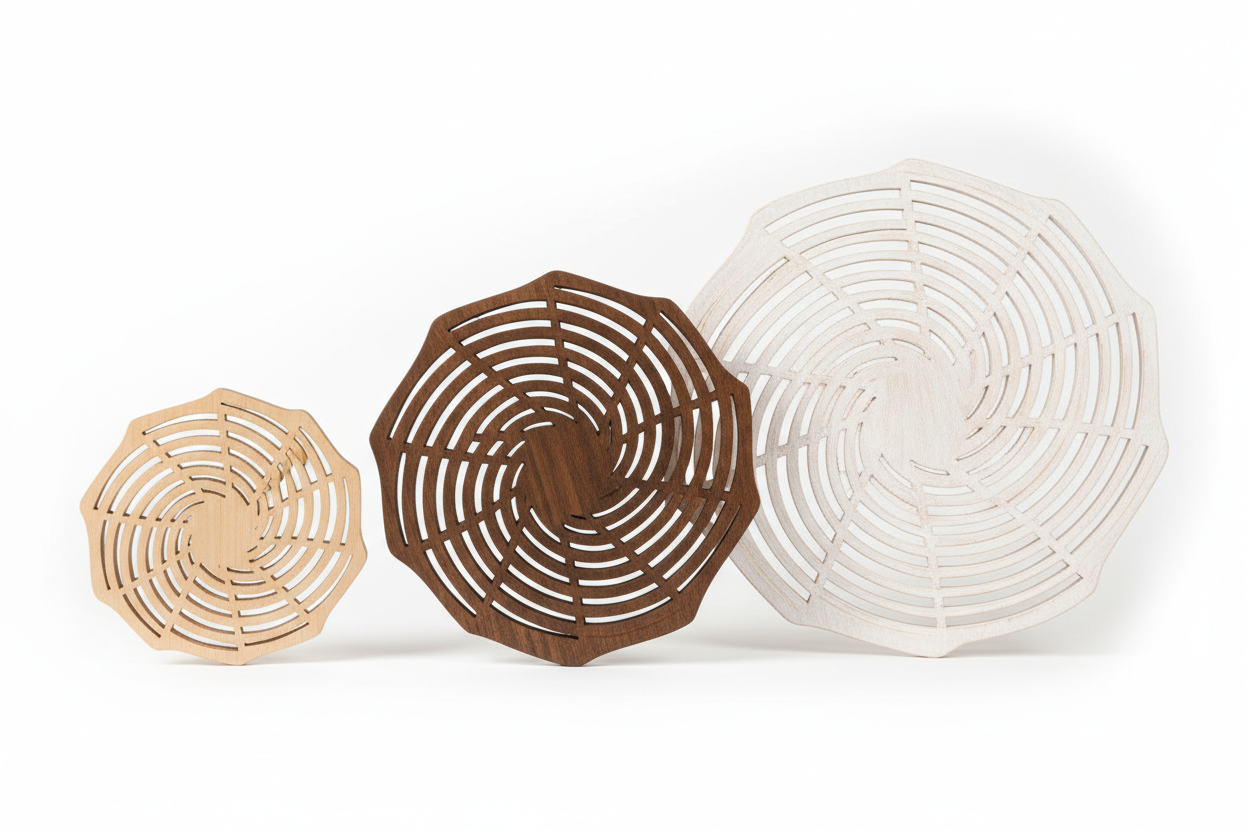 Laser-cut pine wood wind spinners in 3 sizes showing natural, dark walnut, and white wash finishes