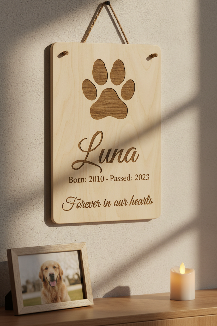 Birch wood laser-engraved paw print memorial sign with dog name Luna and quote