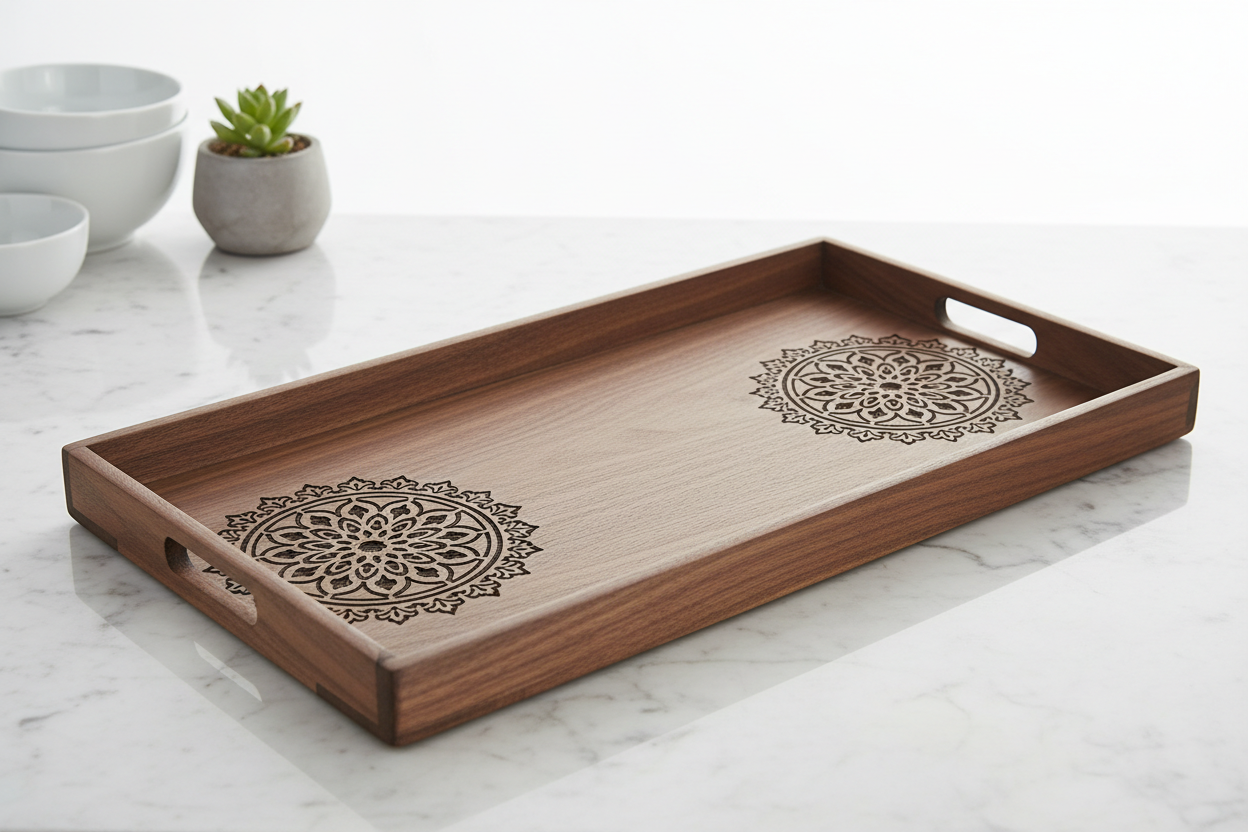 Wood Serving Tray – Mandala Handle Style