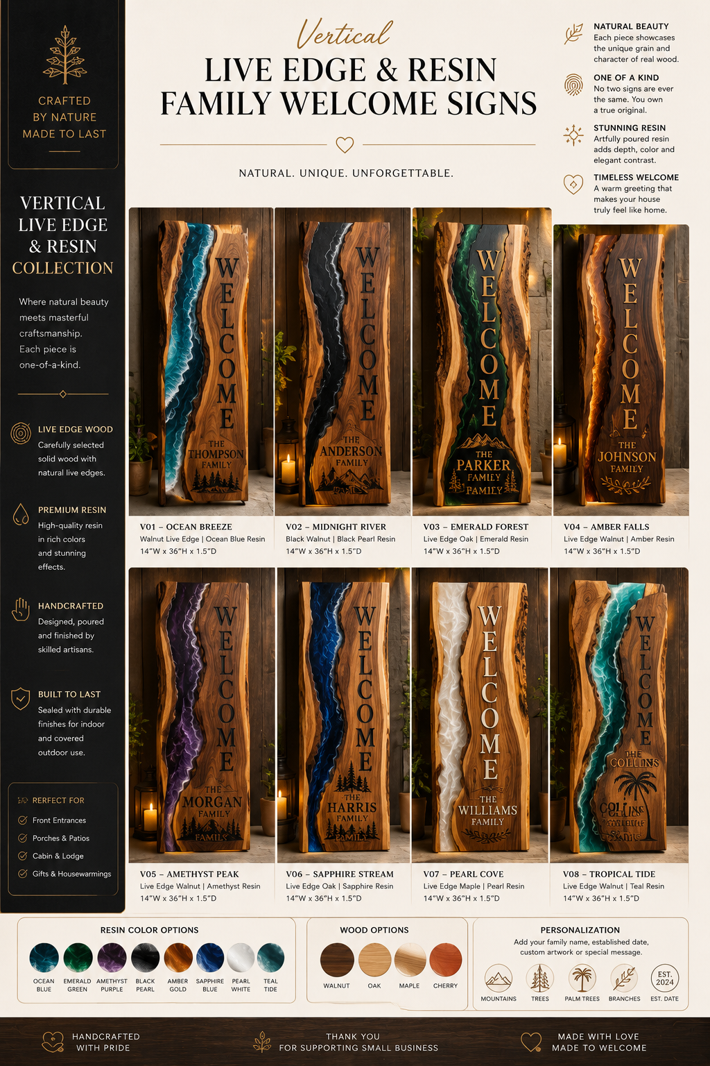 Vertical Live Edge & Resin Family Welcome Signs